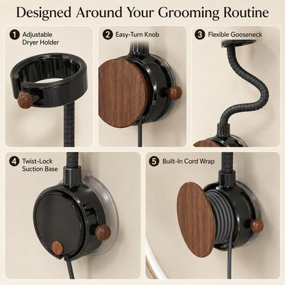 Ortekor Hands-Free Pet Grooming Hair Dryer Holder for At-Home Bath Time - Repositionable Suction Mount with 360 Flexible Arm
