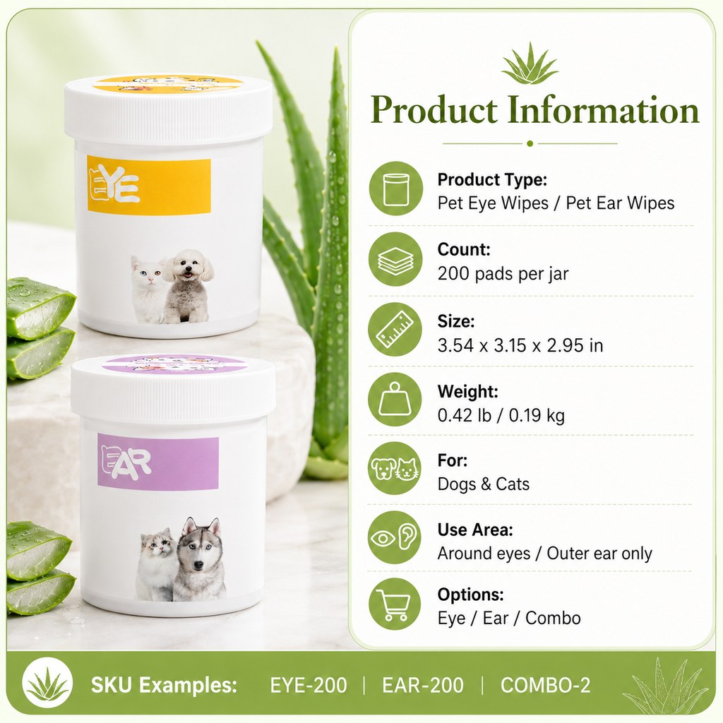 Ortekor Pet Eye & Ear Wipes for Daily Grooming - Gentle Pads for Tear Stains, Eye Goop, Outer Ear Wax & Dirt