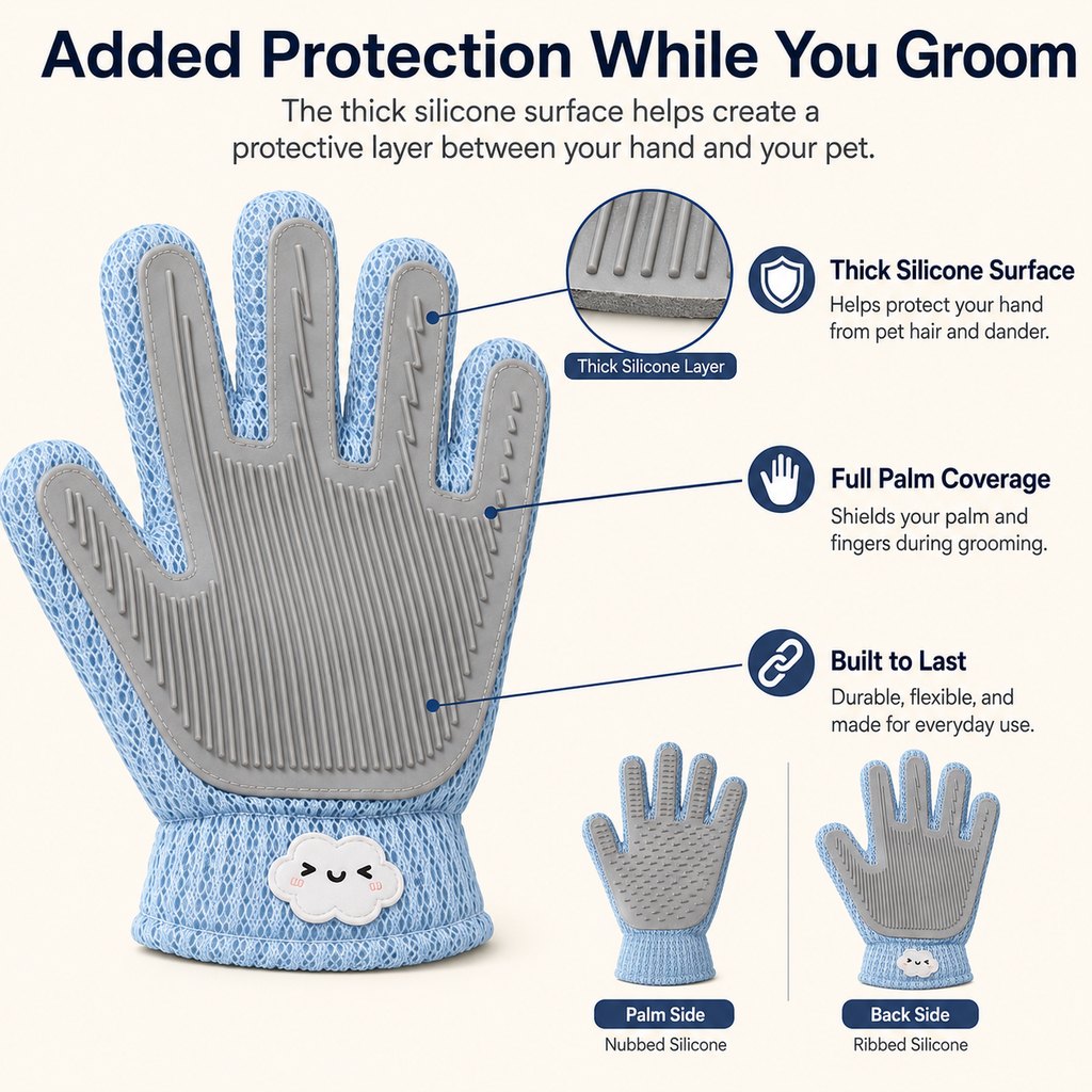 Ortekor Dual-Sided Pet Grooming Glove for Couch & Bath Time - Gentle Deshedding, Massage & Fur Cleanup for Cats &Dogs