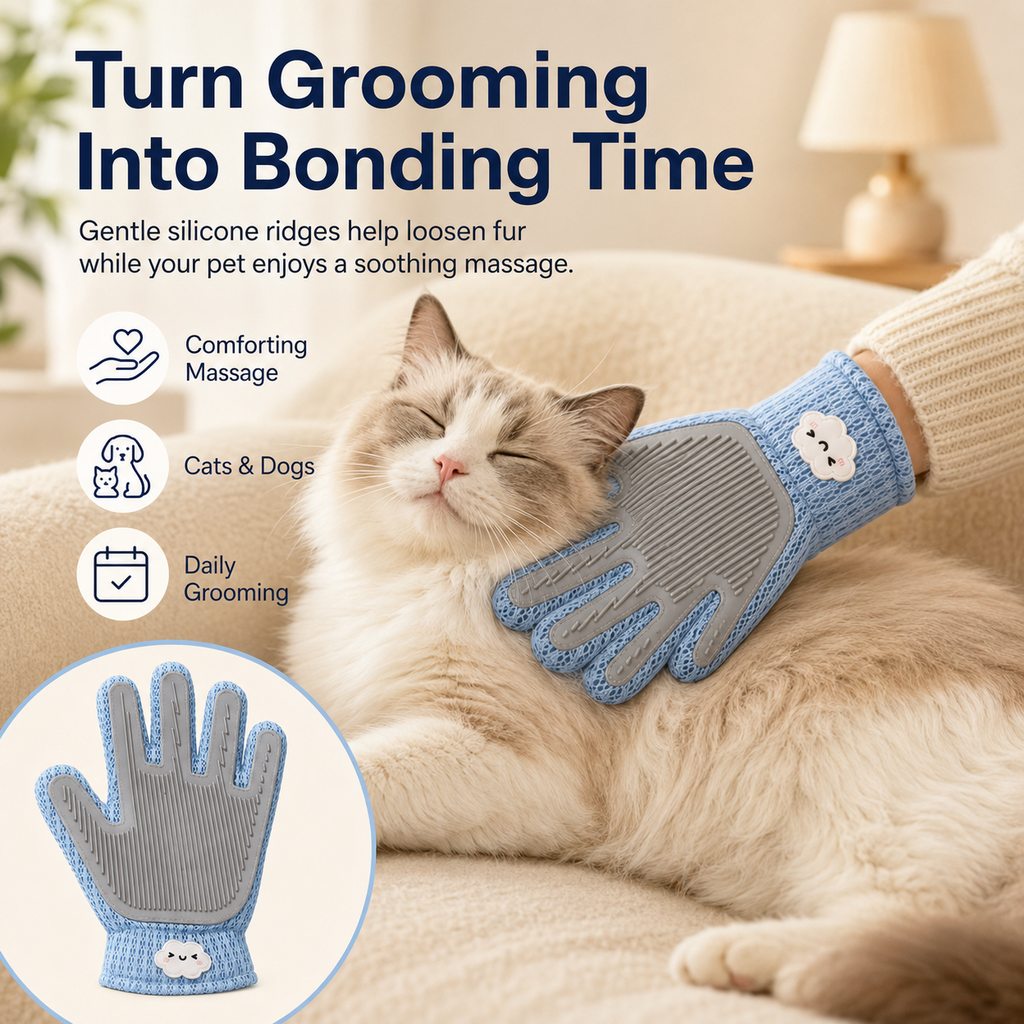 Ortekor Dual-Sided Pet Grooming Glove for Couch & Bath Time - Gentle Deshedding, Massage & Fur Cleanup for Cats &Dogs