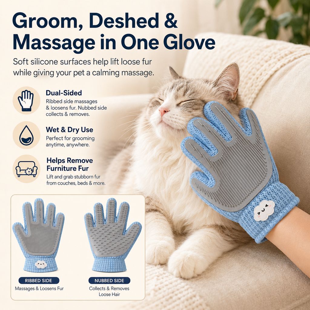 Ortekor Dual-Sided Pet Grooming Glove for Couch & Bath Time - Gentle Deshedding, Massage & Fur Cleanup for Cats &Dogs