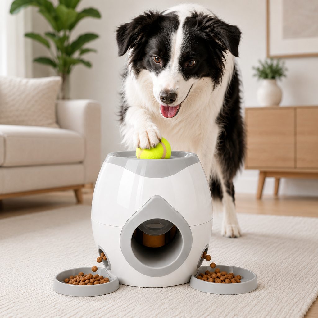 Ortekor Ball-Activated Dog Puzzle Feeder for Indoor Play & Slow Eating - Interactive Treat Dispenser Toy with Tennis Balls, Side Trays & Scoop