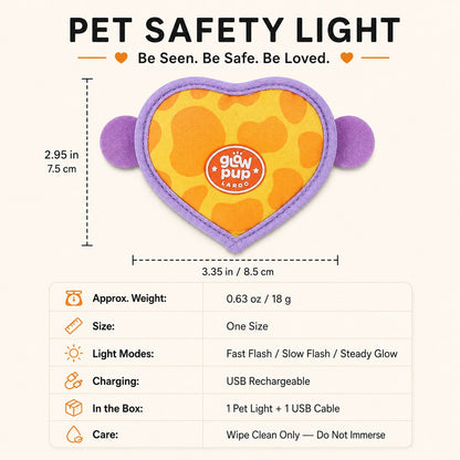 Ortekor Rechargeable Heart Pet Visibility Light for Evening Walks - Soft Wrap-On LED Patch for Collars, Harnesses & Leashes