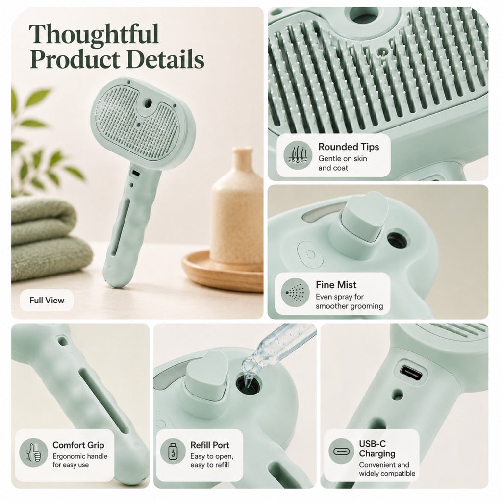 Ortekor Pet Spray Grooming Brush for Cats & Dogs - Gentle Mist De-Shedding Comb for Loose Fur, Flying Hair & Daily Coat Care