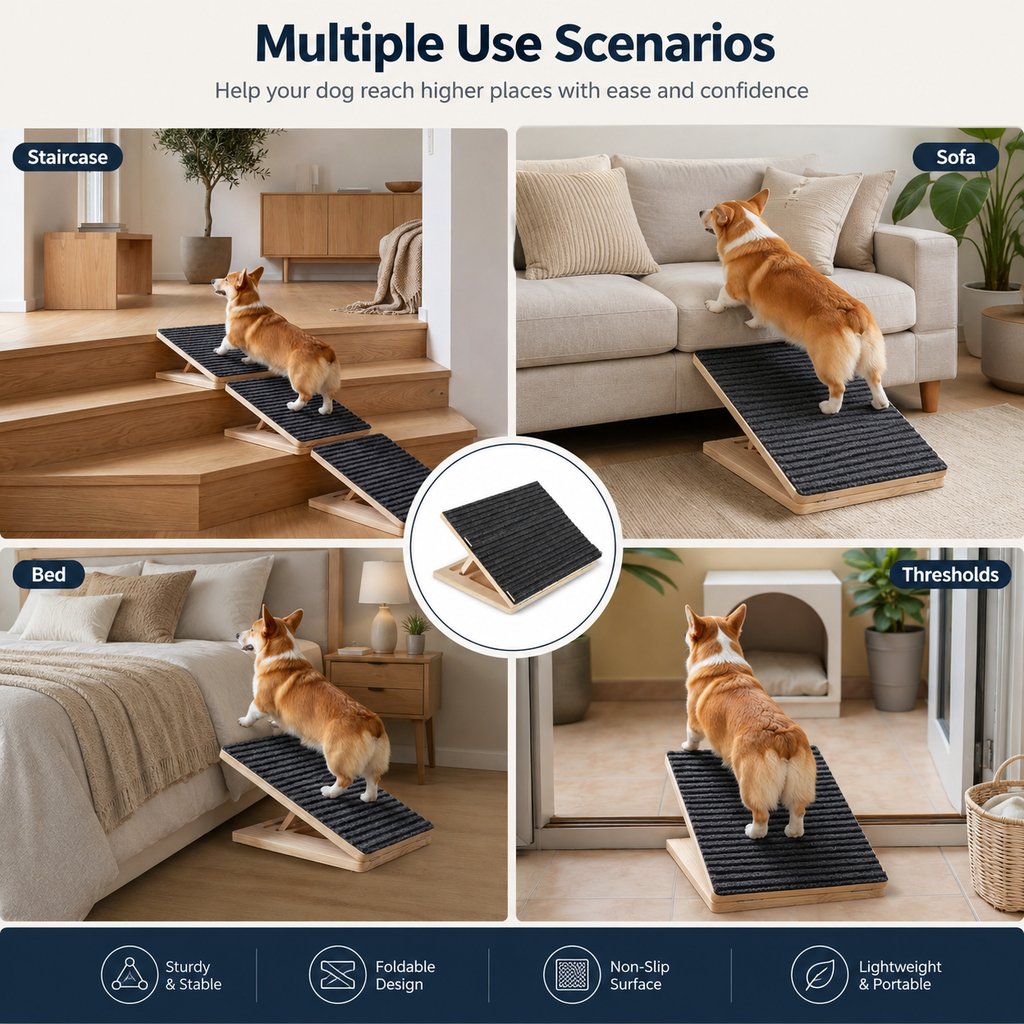 Ortekor Foldable Wooden Dog Stairs for Small Dogs - Non-Slip Pet Ramp for Sofa, Bed & Indoor Steps
