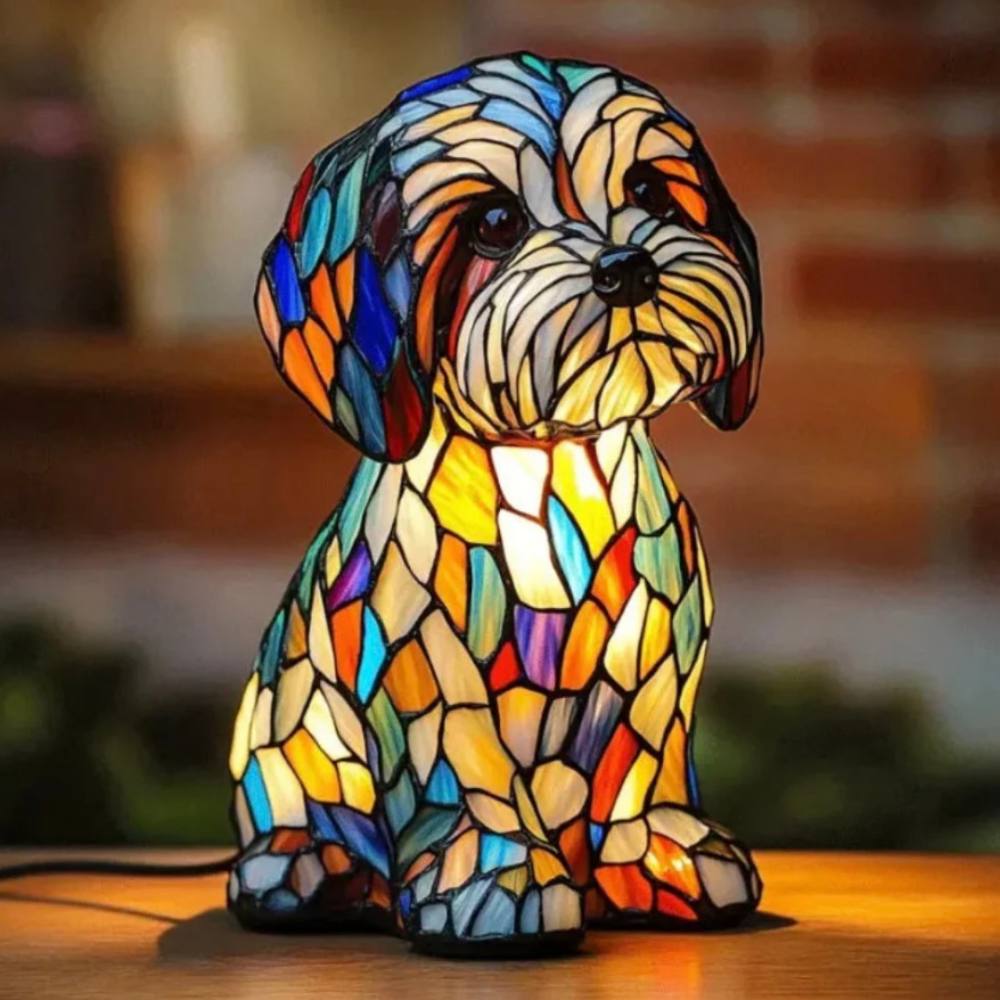 Superbe lampe de table chien en vitrail
