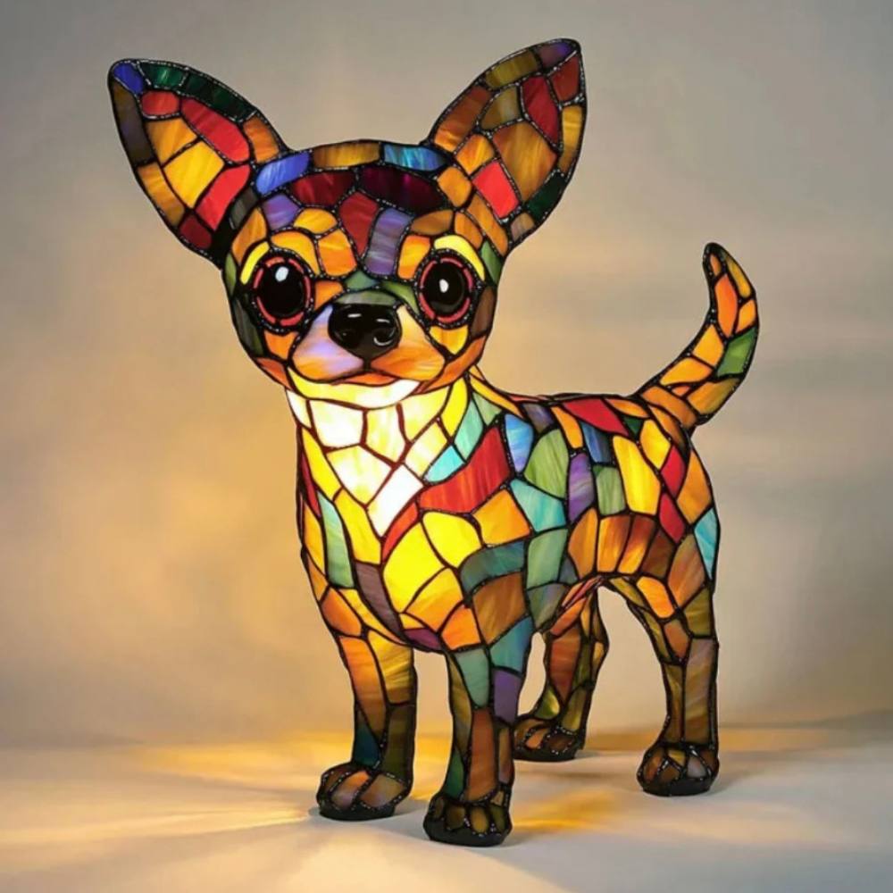 Superbe lampe de table chien en vitrail