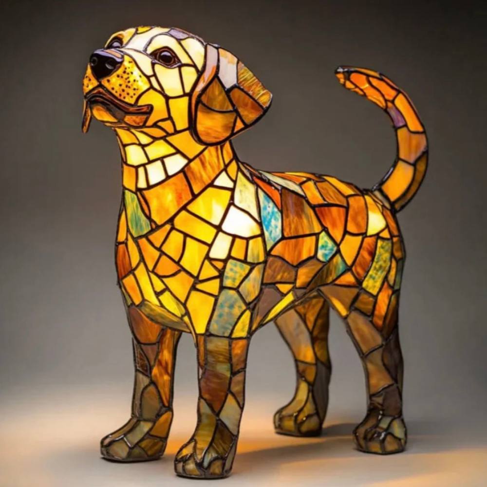 Superbe lampe de table chien en vitrail