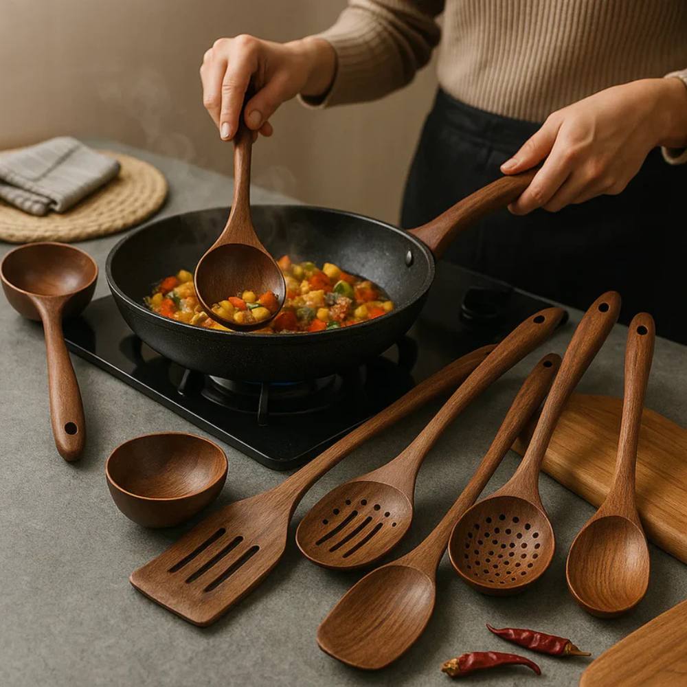 Ensemble d'ustensiles de cuisine rustiques en bois, durables et élégants