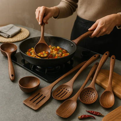 Ensemble d'ustensiles de cuisine rustiques en bois, durables et élégants