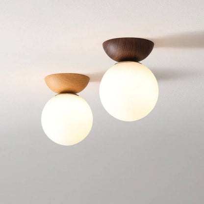 Lampe en verre à suspension ronde en bois