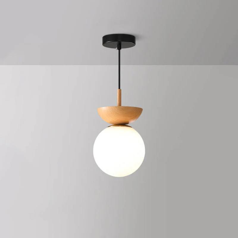 Lampe en verre à suspension ronde en bois
