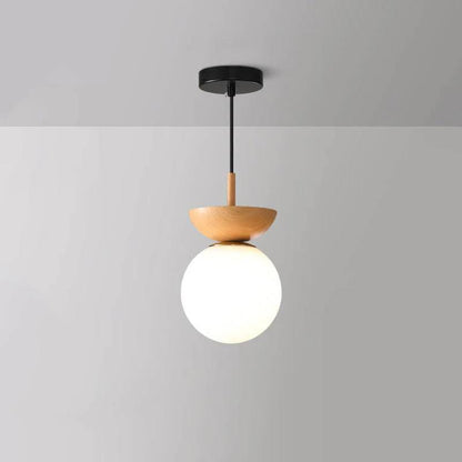 Lampe en verre à suspension ronde en bois