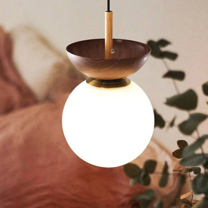 Lampe en verre à suspension ronde en bois