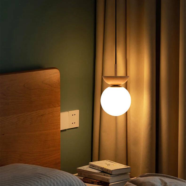 Lampe en verre à suspension ronde en bois
