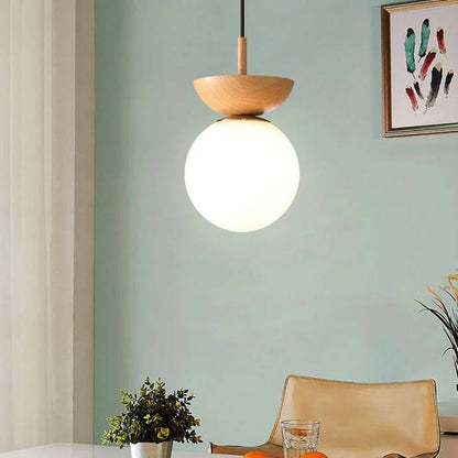 Lampe en verre à suspension ronde en bois