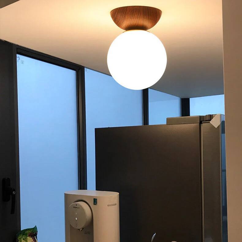 Lampe en verre à suspension ronde en bois