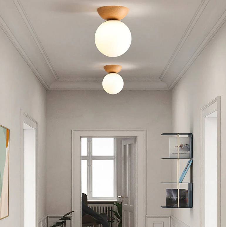 Lampe en verre à suspension ronde en bois