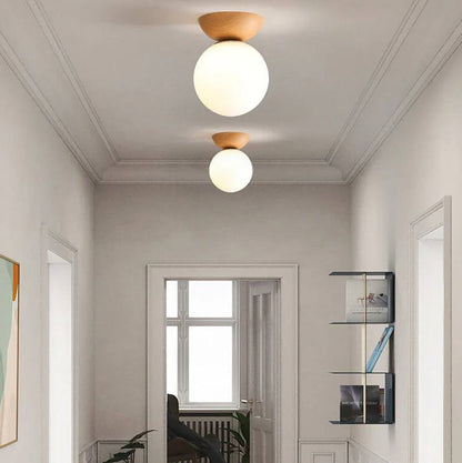 Lampe en verre à suspension ronde en bois