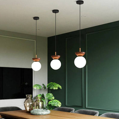 Lampe en verre à suspension ronde en bois