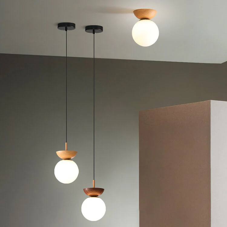 Lampe en verre à suspension ronde en bois