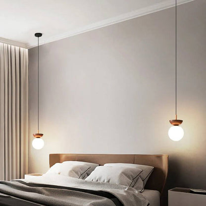 Lampe en verre à suspension ronde en bois