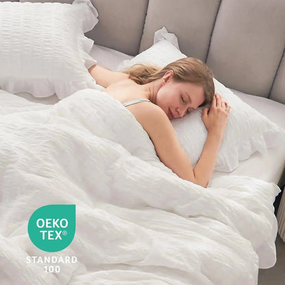 Textured Seersucker Duvet Cover Set with Lace Trim | 3-Piece Wrinkle-Free Bedding with Pillowcases | Lightweight Breathable Comforter