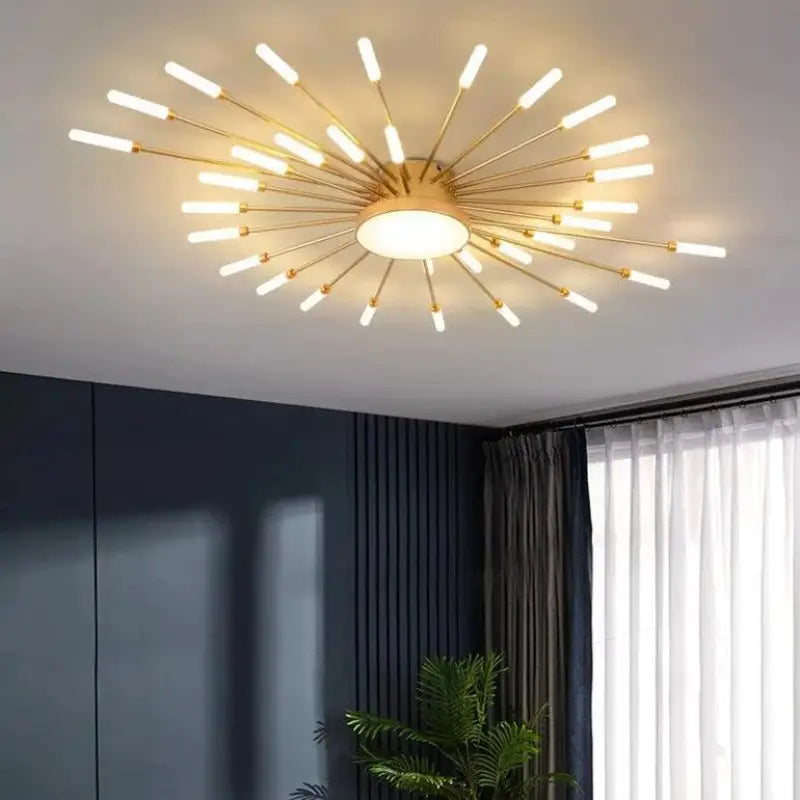 50W LED Radial Ceiling Light 50 in Diameter Gold Aluminum Multi-Arm Fixture for Large Living Rooms Open Layouts Dining Areas