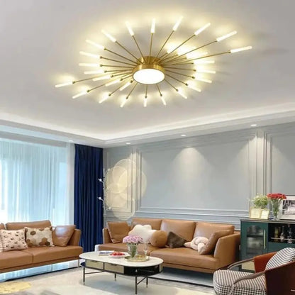 50W LED Radial Ceiling Light 50 in Diameter Gold Aluminum Multi-Arm Fixture for Large Living Rooms Open Layouts Dining Areas