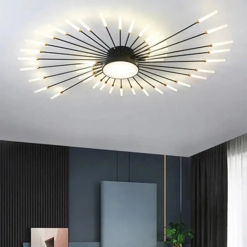 50W LED Radial Ceiling Light 50 in Diameter Gold Aluminum Multi-Arm Fixture for Large Living Rooms Open Layouts Dining Areas