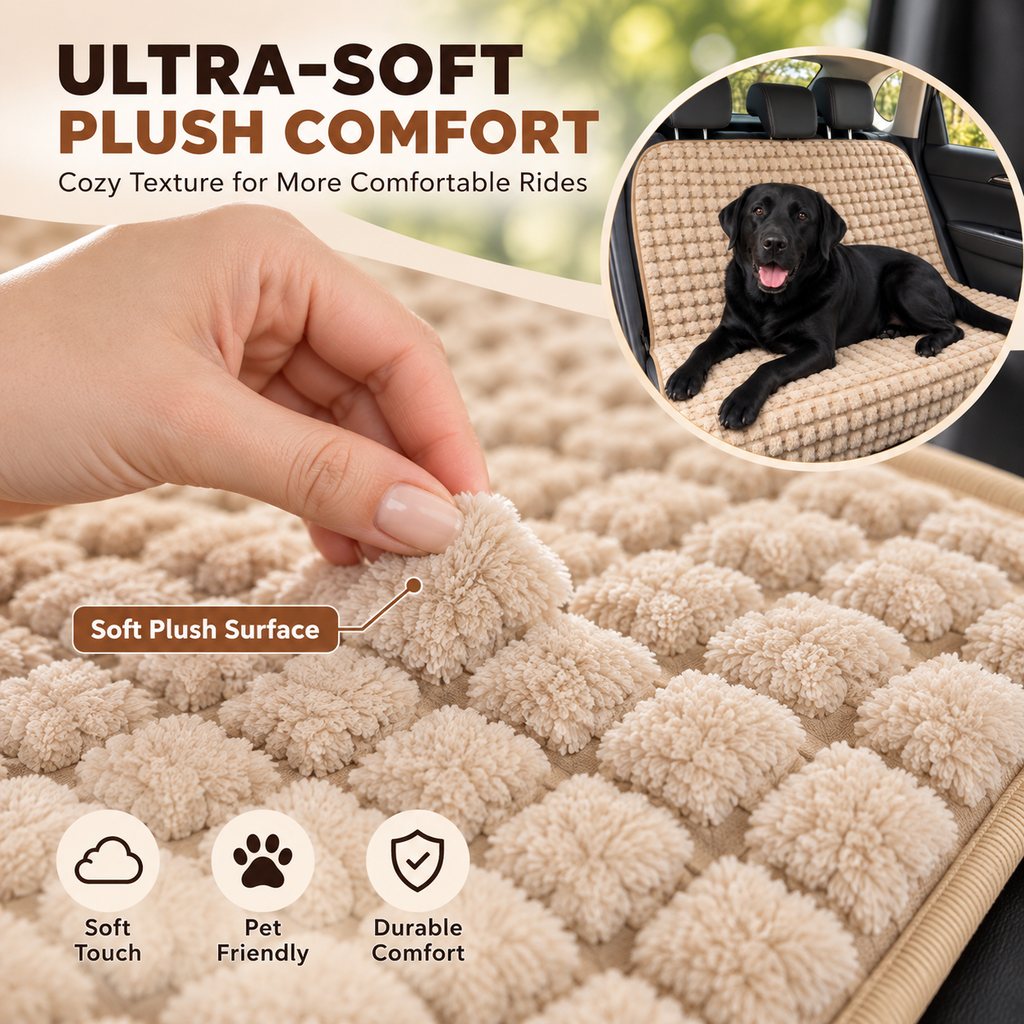 Ortekor Plush Dog Car Seat Cover for Back Seat - Cozy Bench Seat Protector for Pet Hair, Dirt & Everyday Scratches