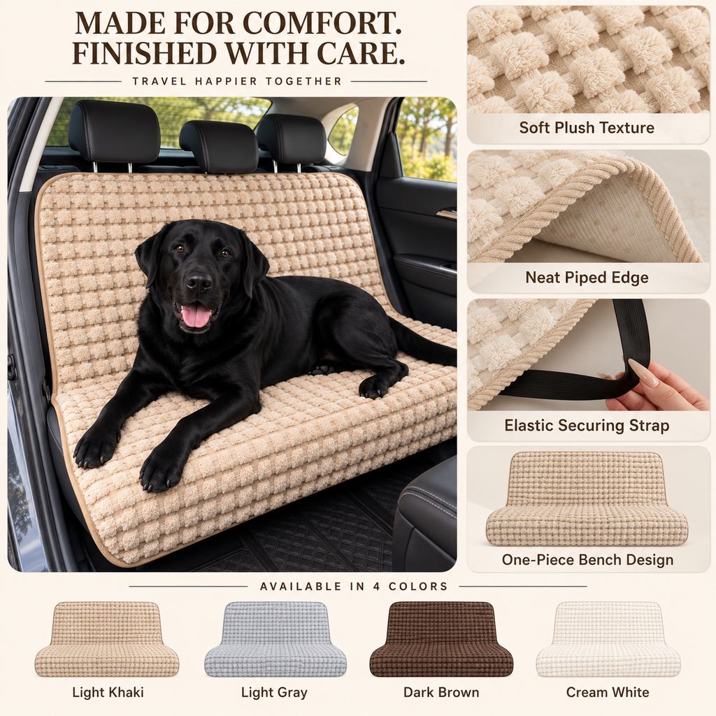 Ortekor Plush Dog Car Seat Cover for Back Seat - Cozy Bench Seat Protector for Pet Hair, Dirt & Everyday Scratches