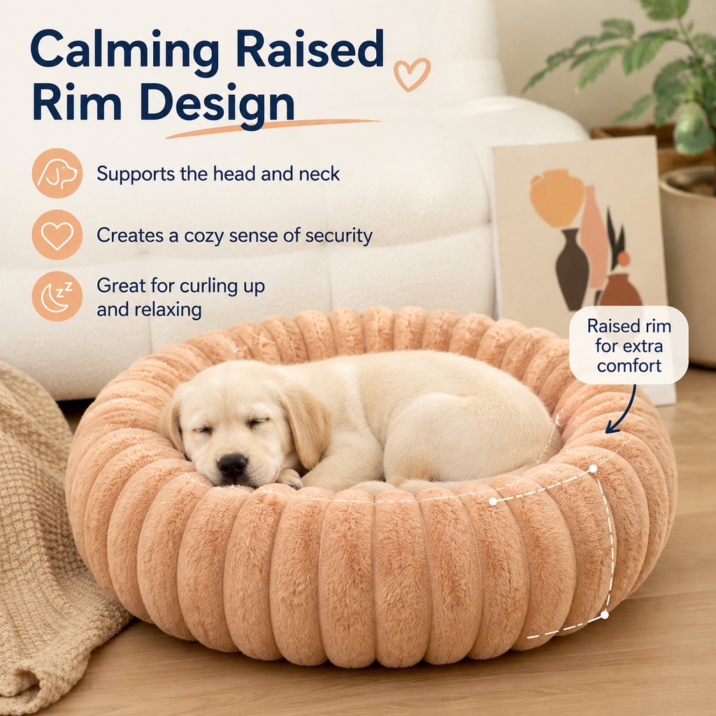 Ortekor Plush Donut Dog & Cat Bed with Raised Rim - Cozy Ribbed Lounger for Naps & Everyday Rest