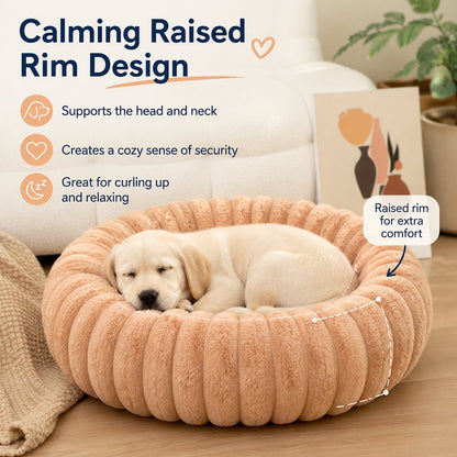 Ortekor Plush Donut Dog & Cat Bed with Raised Rim - Cozy Ribbed Lounger for Naps & Everyday Rest