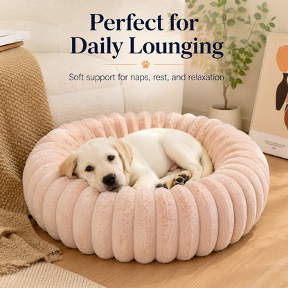 Ortekor Plush Donut Dog & Cat Bed with Raised Rim - Cozy Ribbed Lounger for Naps & Everyday Rest