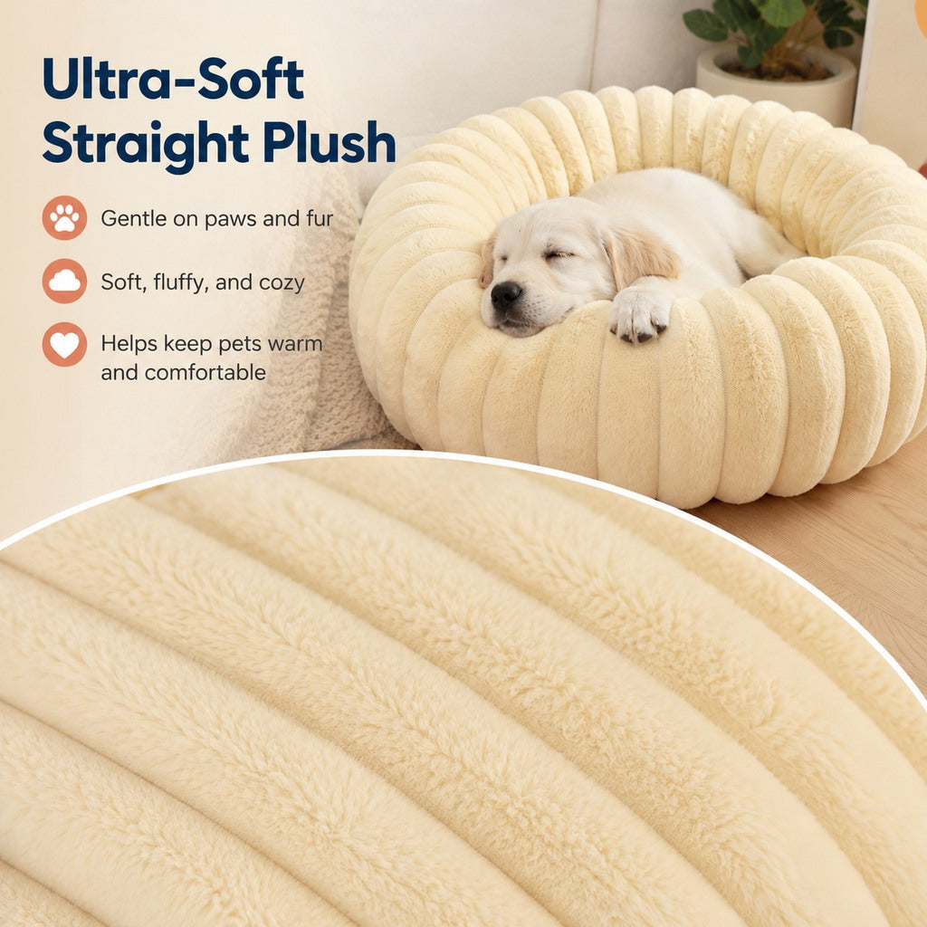 Ortekor Plush Donut Dog & Cat Bed with Raised Rim - Cozy Ribbed Lounger for Naps & Everyday Rest