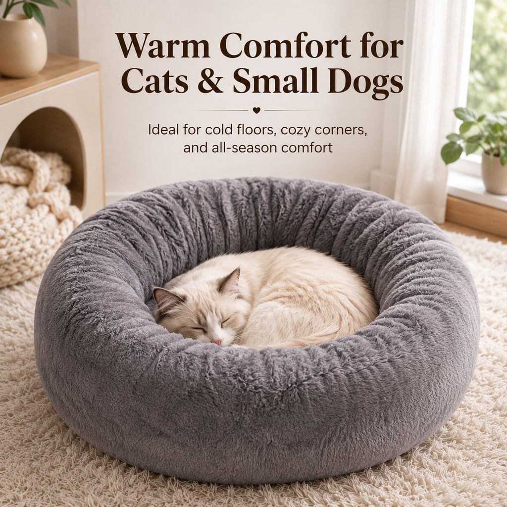 Ortekor Plush Donut Pet Bed for Cats & Small Dogs - Warm Cozy Nest for Cold Floors