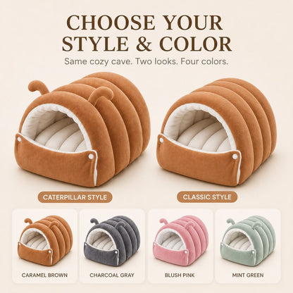 Ortekor Plush Semi-Enclosed Cat Cave Bed for Indoor Cats – Cozy Hideaway with Adjustable Snap Front, Caterpillar & Classic Styles