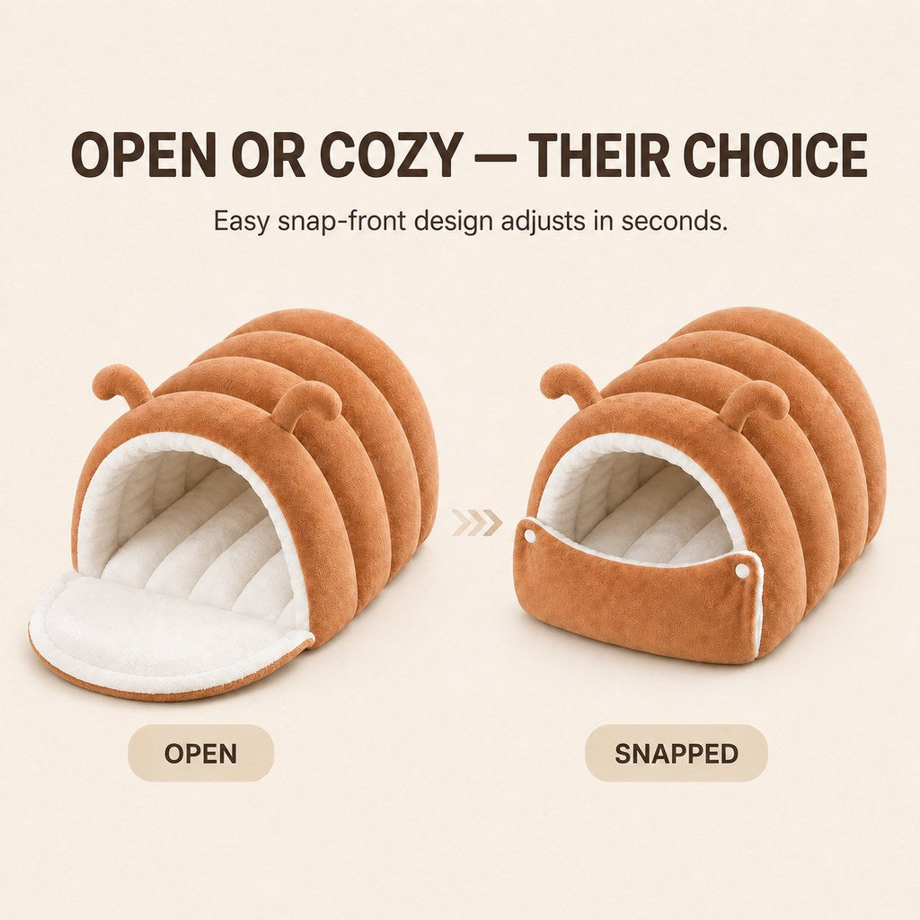 Ortekor Plush Semi-Enclosed Cat Cave Bed for Indoor Cats – Cozy Hideaway with Adjustable Snap Front, Caterpillar & Classic Styles
