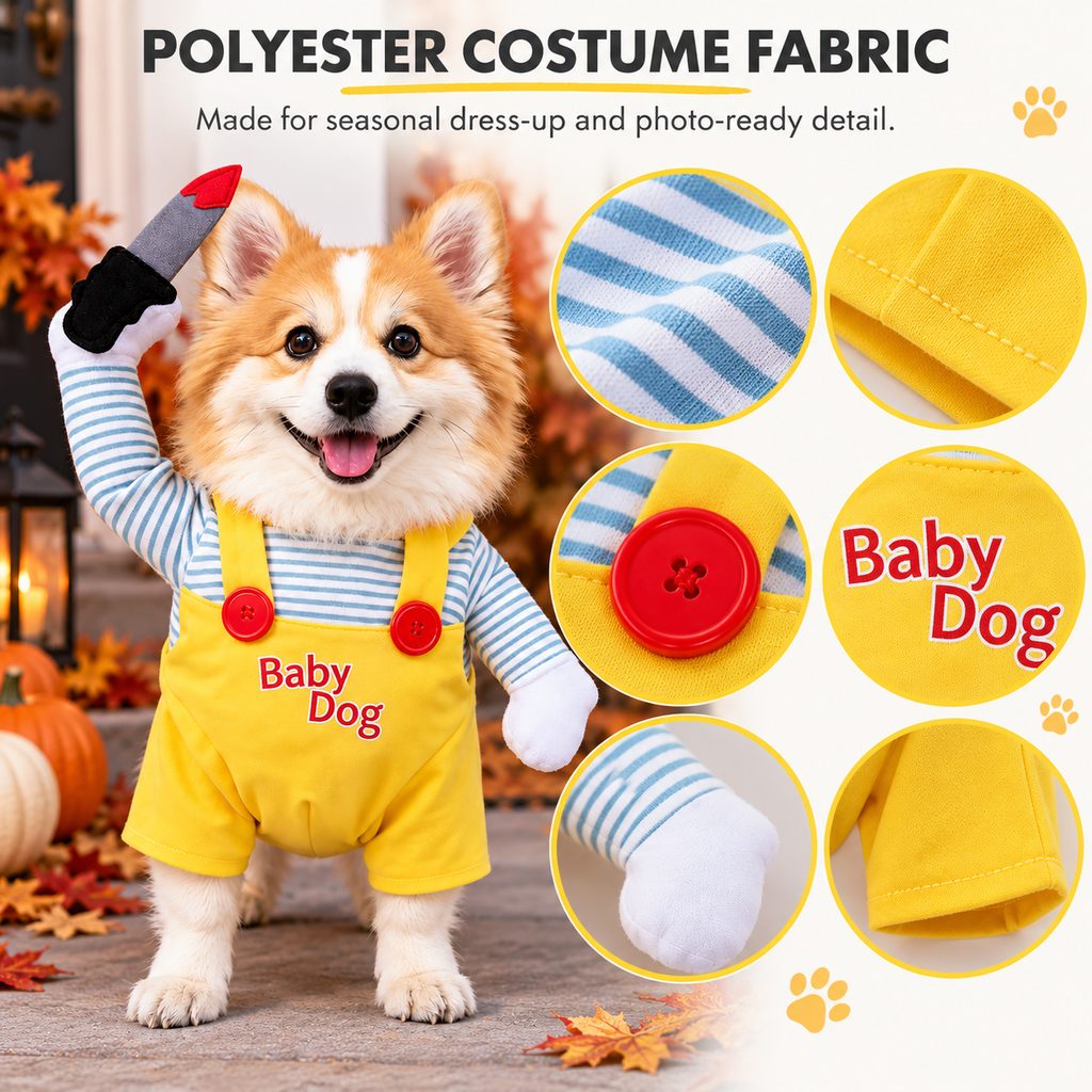Ortekor Funny Horror Doll Dog Halloween Costume with Faux Knife - 3D Party & Photo Outfit for an Instant Spooky Look