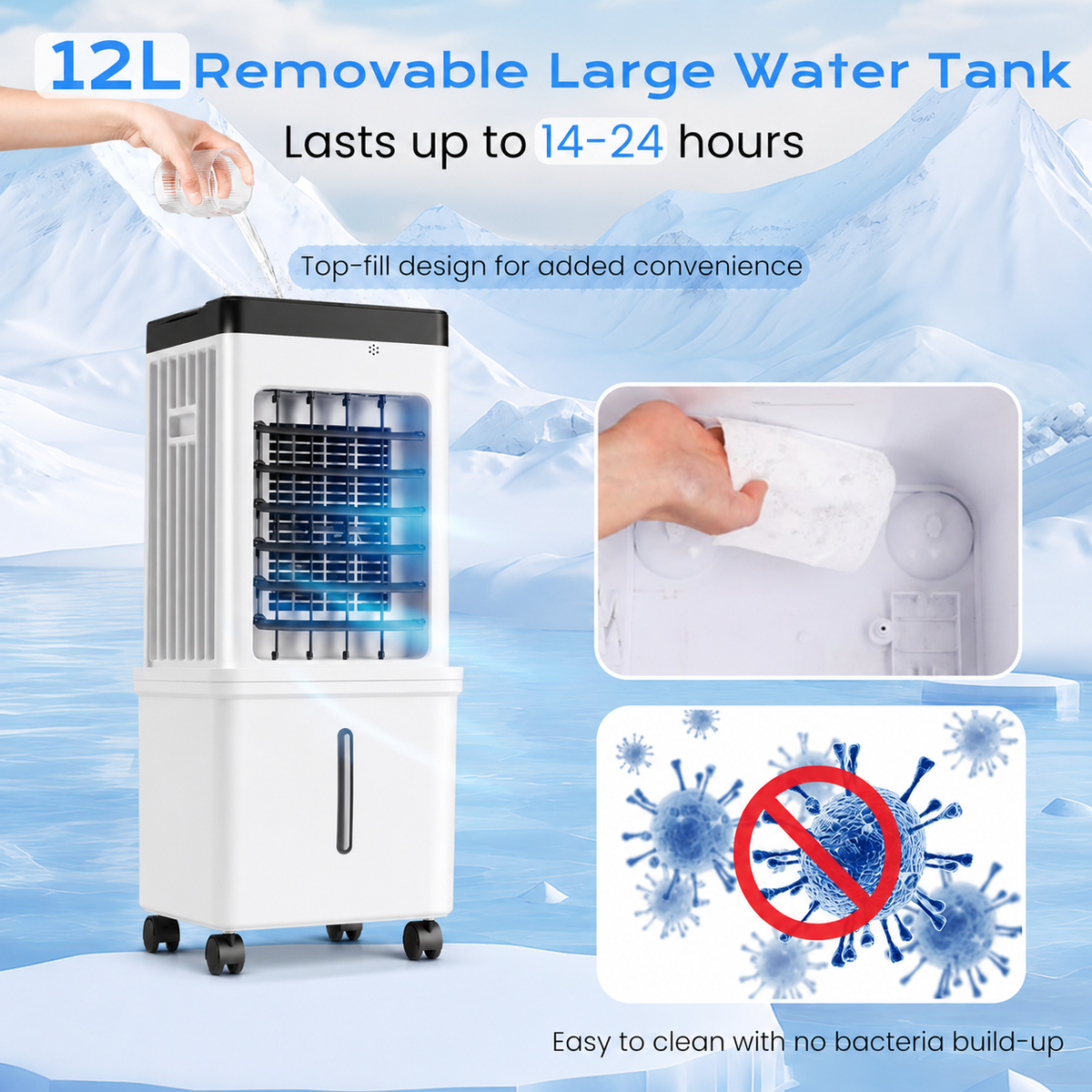 12-Liter Portable Evaporative Cooler with Remote Control & 24-Hour Timer for Bedrooms, Living Rooms, Home Office, Efficient Air Cooling