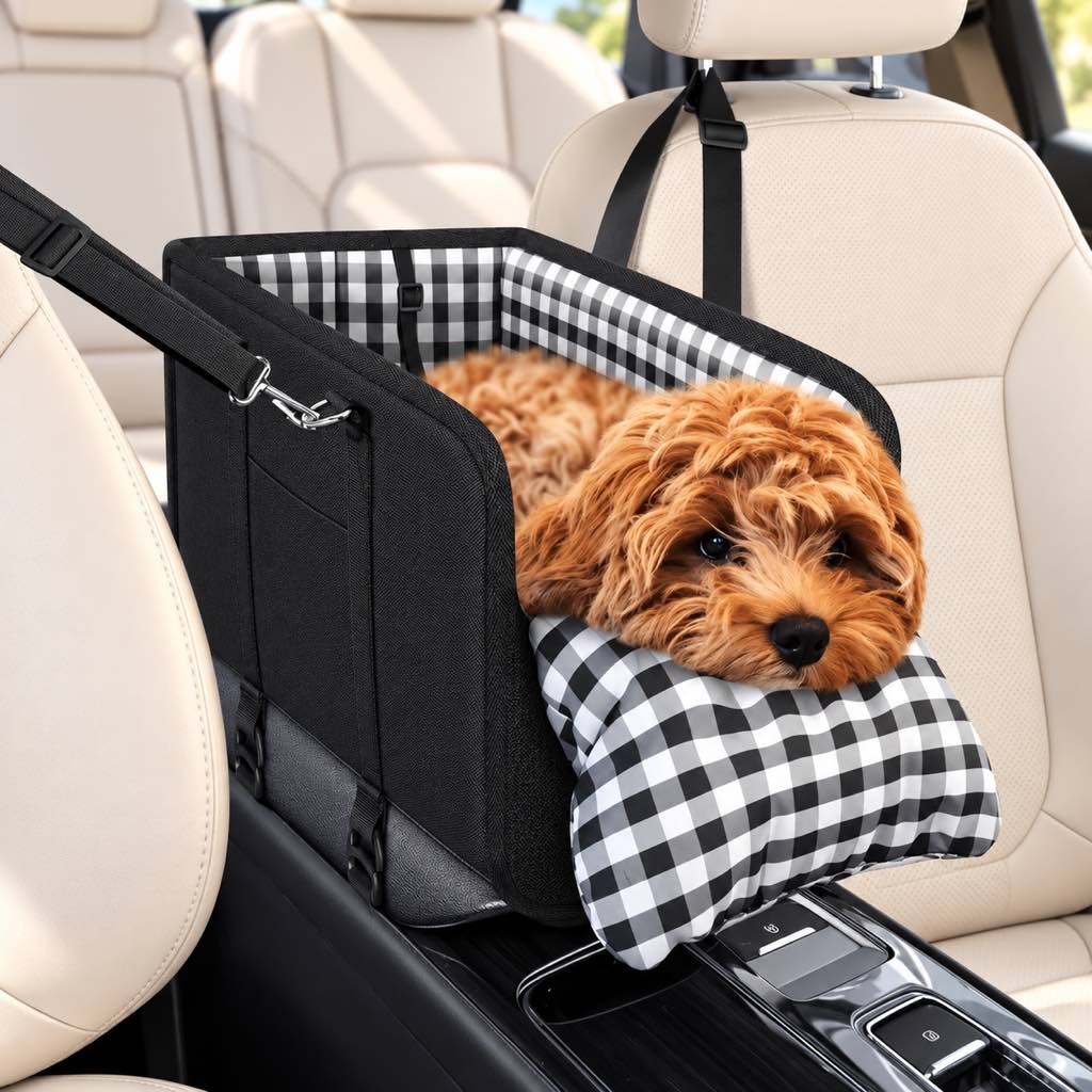 Ortekor Portable Pet Console Car Seat Carrier for Small Dogs & Cats - Front Seat Travel Solution with Secure Straps and Cozy Cushion