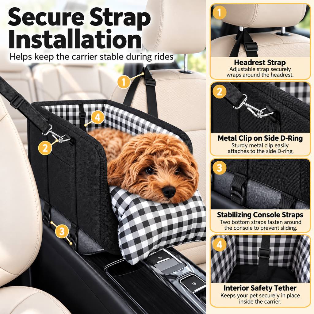 Ortekor Portable Pet Console Car Seat Carrier for Small Dogs & Cats - Front Seat Travel Solution with Secure Straps and Cozy Cushion