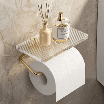Korin Toilet Paper Holder Stand - Wall-Mounted Metal with Integrated Shelf, Gold or Silver Finish