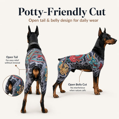 Ortekor Tattoo Print Dog & Cat Bodysuit for Walks & Photos - Soft Stretch Pet Onesie Helps Contain Loose Hair