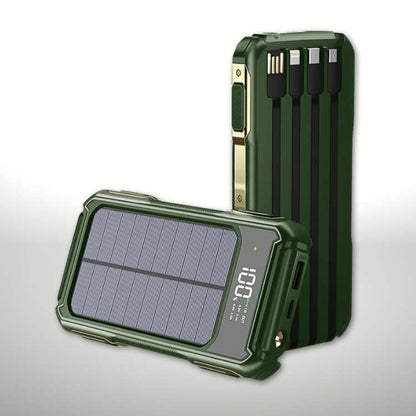 Portable Solar Power Bank 20000mAh with Built-In Cables for iPhone Android Devices USB-C Emergency Backup Battery Charger for Camping