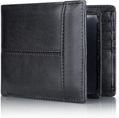 Genuine Leather Bifold Wallet with RFID Protection for Men – 16 Card Slots ID Window Cash Holder Classic Fold Design Slim Everyday Carry Poc
