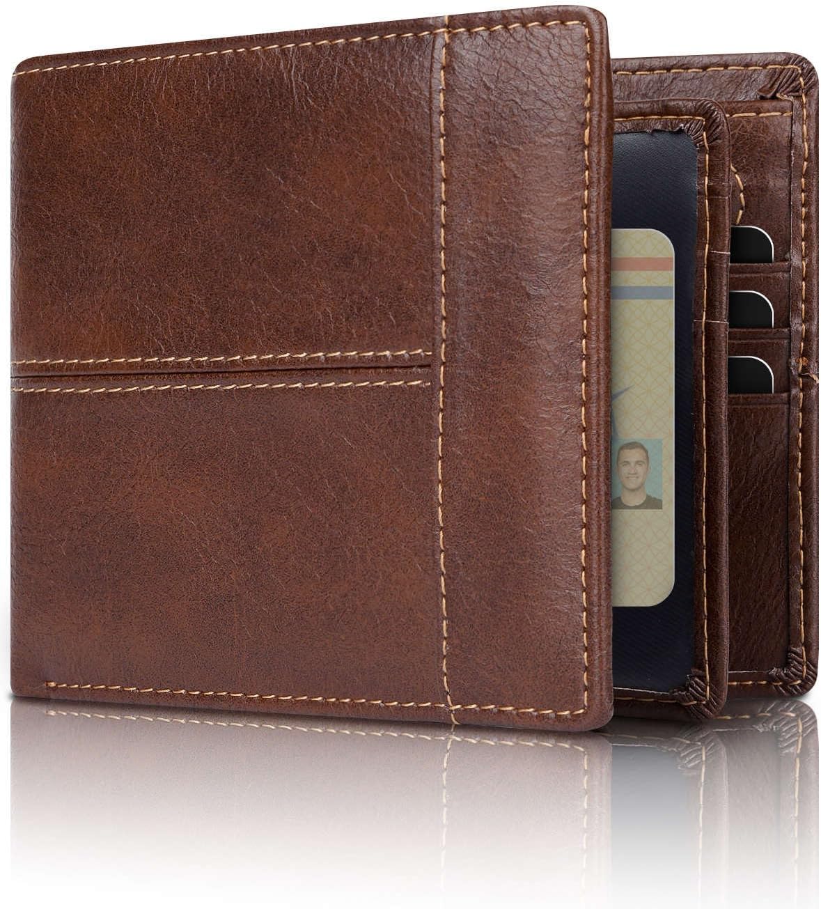 Genuine Leather Bifold Wallet with RFID Protection for Men – 16 Card Slots ID Window Cash Holder Classic Fold Design Slim Everyday Carry Poc