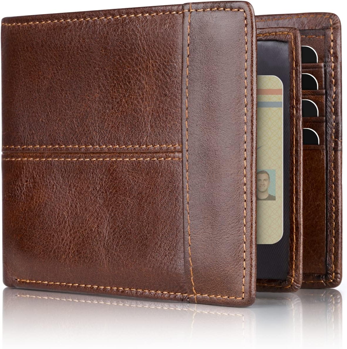 Genuine Leather Bifold Wallet with RFID Protection for Men – 16 Card Slots ID Window Cash Holder Classic Fold Design Slim Everyday Carry Poc