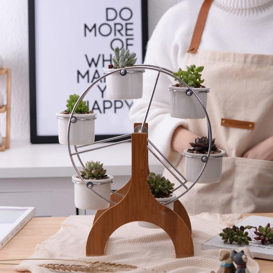 Carrousel en bois avec jardinières succulentes en céramique